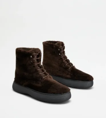 Picture of Tod's W. G. Lace-up Ankle Boots In Sheepskin - Brown